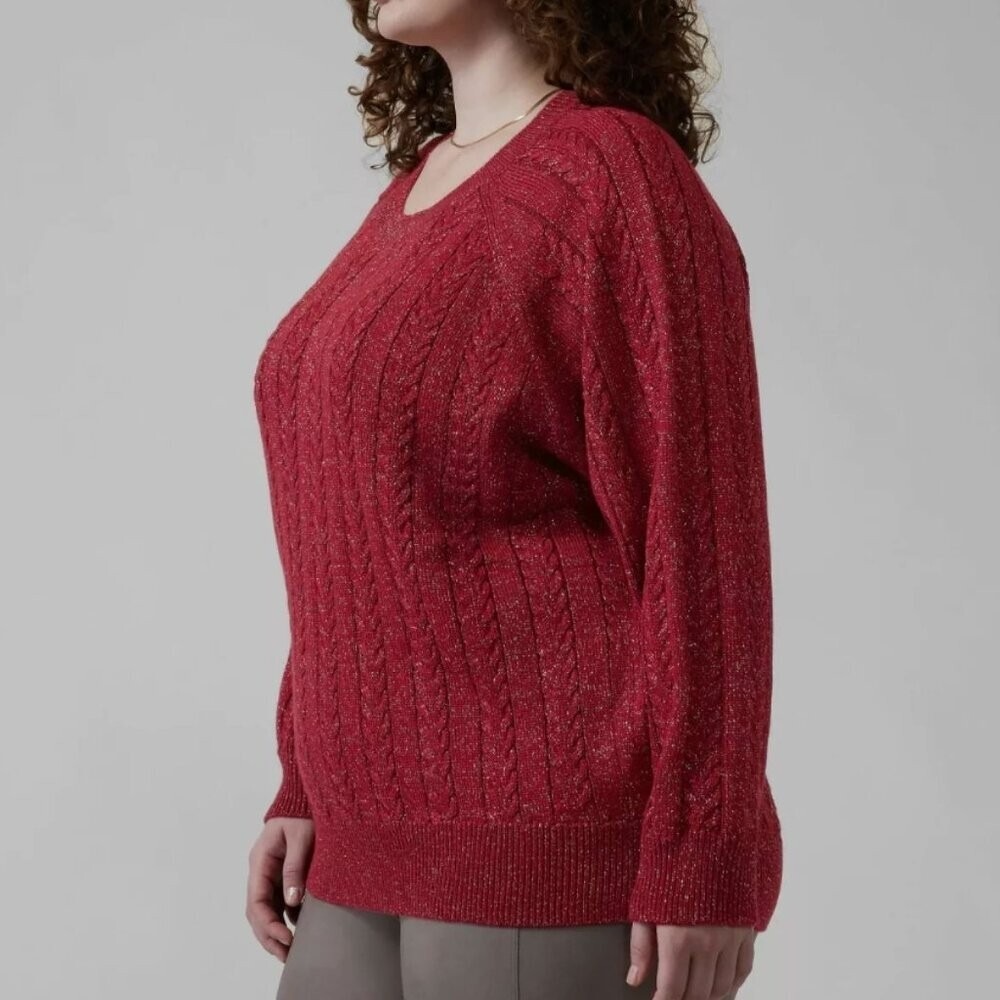 Athleta Crossroads Crew Sweater Red Metallic Cable Knit Merino Wool Plus 2X